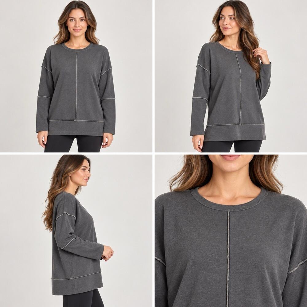 SPANX Sweatshirt Womens Small Charcoal Gray Crew Neck Exposed Seam Pullover